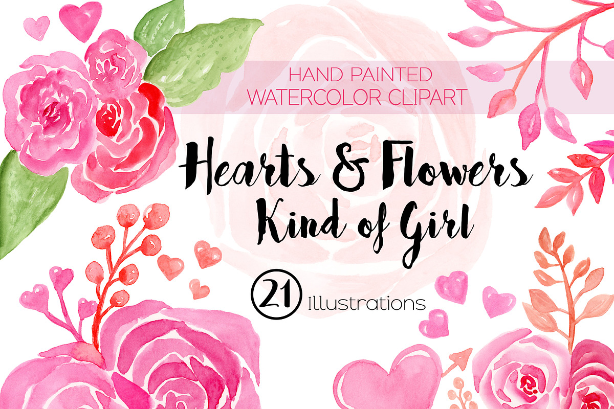 Hearts & Flowers Watercolor Clipart in Illustrations - product preview 8