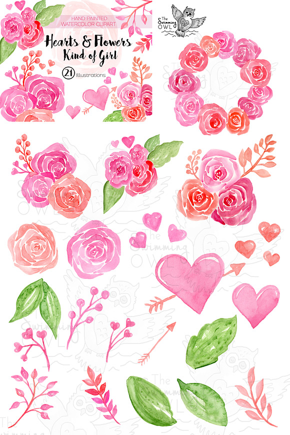 Hearts & Flowers Watercolor Clipart in Illustrations - product preview 1