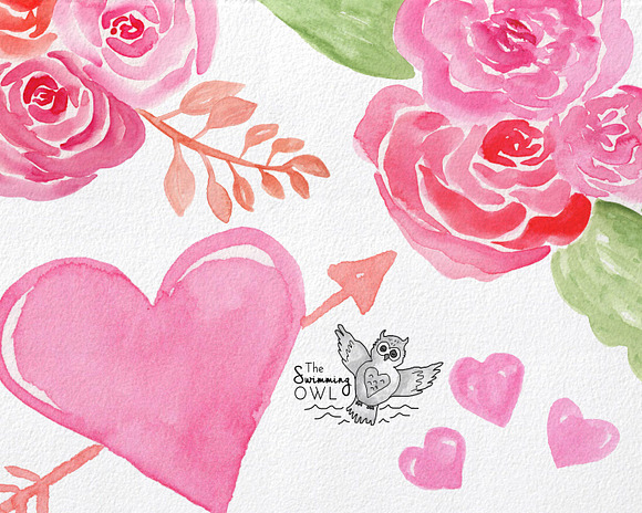 Hearts & Flowers Watercolor Clipart in Illustrations - product preview 2