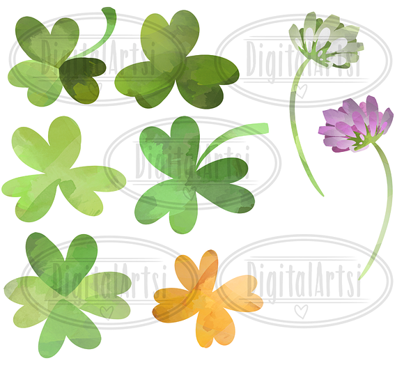 Watercolor Clovers Clipart in Illustrations - product preview 3