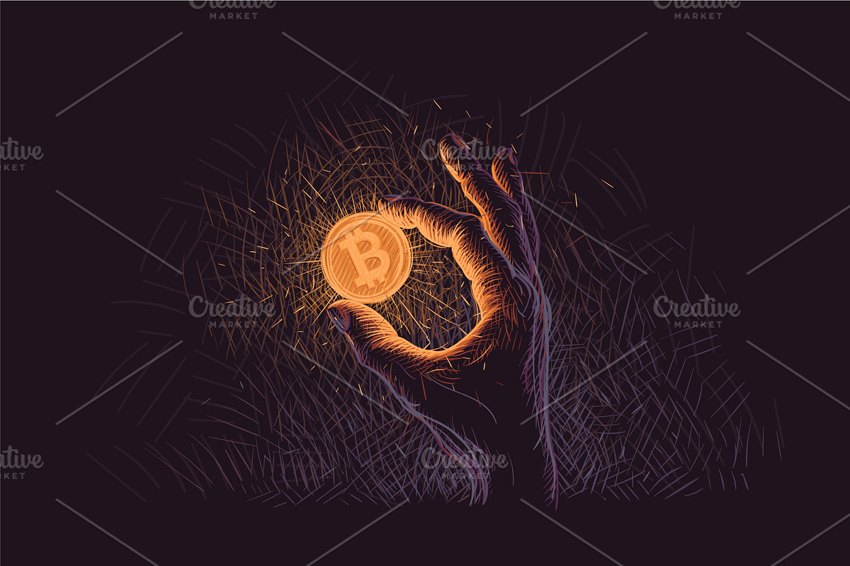Glowing Bitcoin coin in hand.Vector. in Illustrations - product preview 8