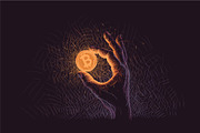 Glowing Bitcoin coin in hand.Vector.