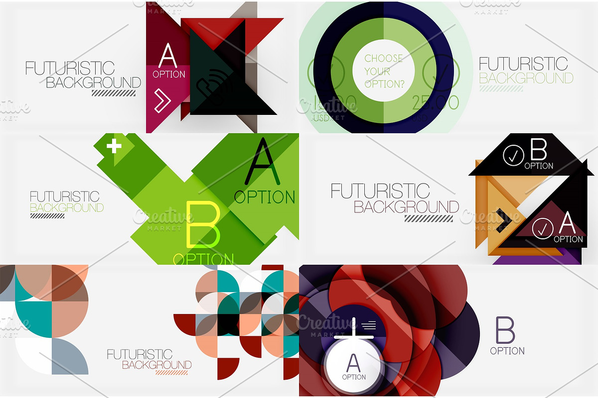 Set of minimalistic geometric banners with triangles and circles and other shapes. Web design or business slogan presentation templates in Textures - product preview 8
