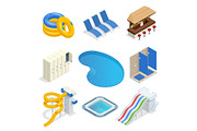 Isometric water park attractions vector icon set with inflatable swimming circles, sun beds, locker room, lockers, pool, bar, shower, slide. Aqua park flat isometric design elements.