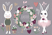 Happy Easter. Bunnies, eggs, flowers