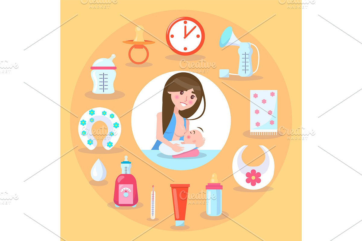 Breastfeeding Mother and Kid Vector Illustration in Objects - product preview 8