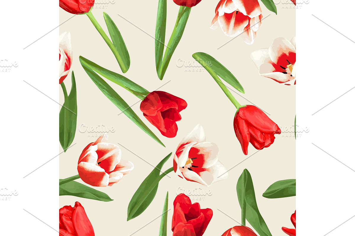 Seamless pattern with red and white tulips. Beautiful realistic flowers, buds and leaves in Patterns - product preview 8