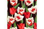 Seamless pattern with red and white tulips. Beautiful realistic flowers, buds and leaves