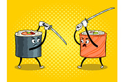Sushi roll with japanese sword pop art vector