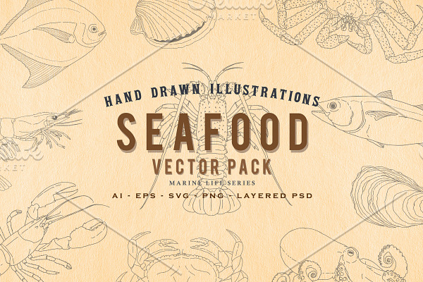 24 Hand Drawn Seafood Vector Set