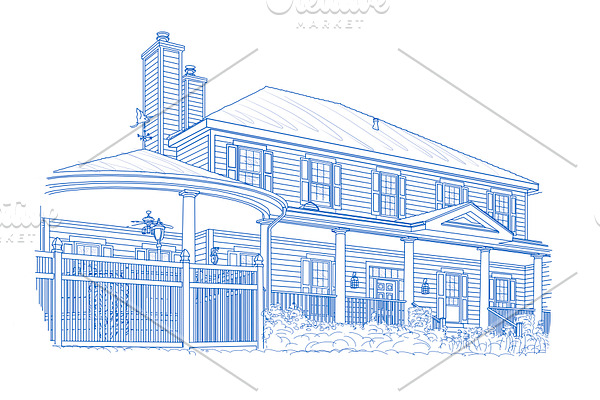 Blue House Drawing on White