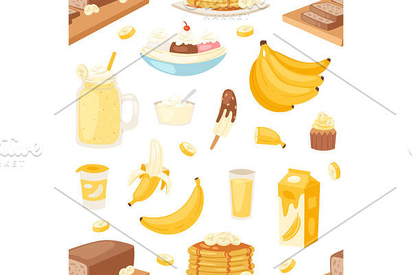 Banana set vector bananas products bread pancake or banana split with yellow cocktail and fruit in chocolate illustration bananapeel or skin seamless pattern background