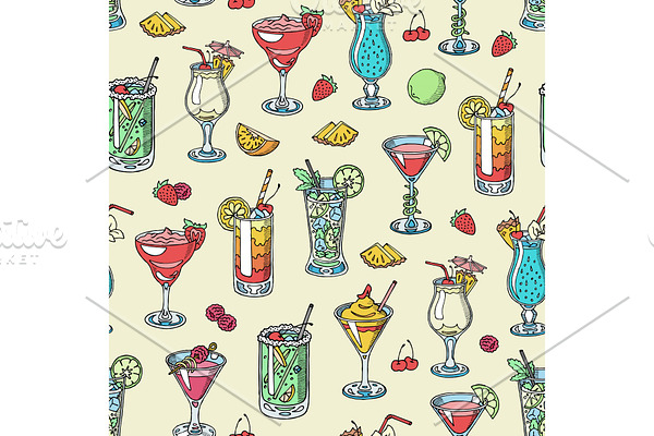 Cocktail vector alcohol beverage drinking alcoholic tequila martini drink cocktail in glass with pina colada mojito and cosmopolitan or drinkable bellinis seamless pattern background