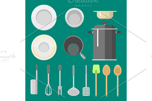 Kitchen dishes vector flat icons isolated household equipment everyday dishes furniture illustration.