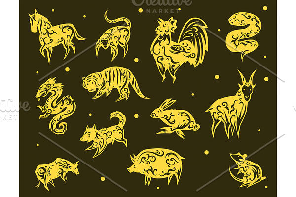 Chinese zodiac eastern calendar traditional china new year oriental animal symbols vector illustrations.