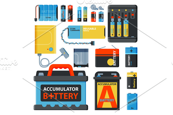 Battery energy save accumulator vector tools electricity charge fuel positive supply and isposable battery component alkaline industry technology accumulative illustration.