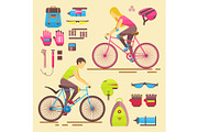 Sport bikers vector girl and boy people on bicycles activity fun woman and man on bicycles. Urban female biking sport and biker elements riders sportsman lifestyle cycling sport