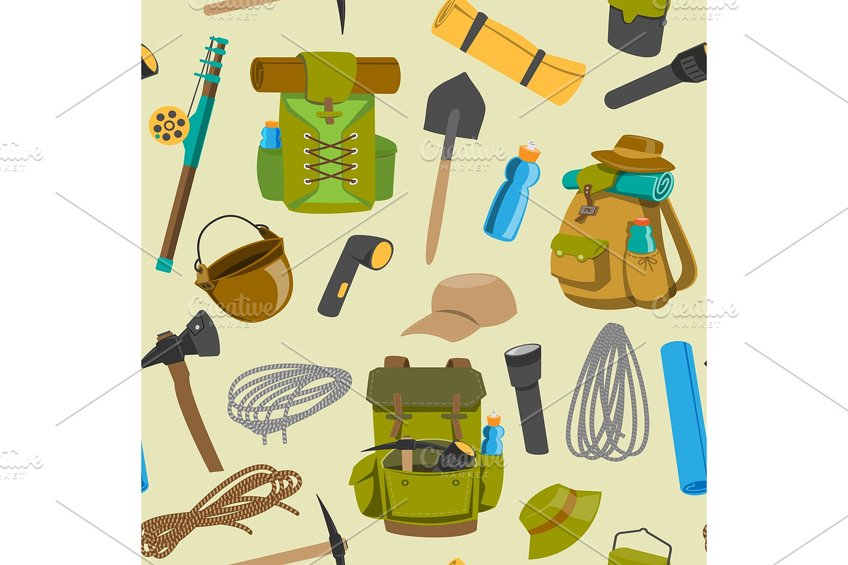 Backpack camp vector backpacking travel bag with tourist equipment in hiking camping and climbing sport knapsack or rucksack set illustration seamless pattern background in Textures - product preview 8