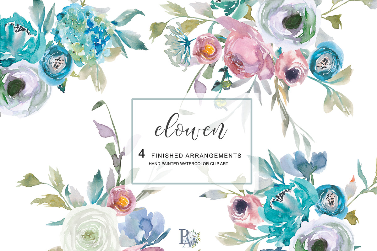 Watercolor Dusty Blue Floral Clipart in Illustrations - product preview 8