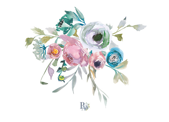 Watercolor Dusty Blue Floral Clipart in Illustrations - product preview 1