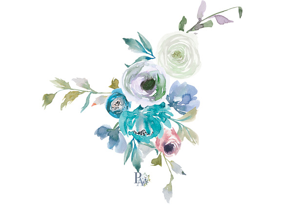 Watercolor Dusty Blue Floral Clipart in Illustrations - product preview 2