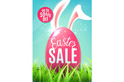 Easter sale banner with egg, easter bunny ears, discount sticker up to 50 off