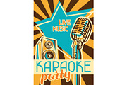 Karaoke party poster. Music event banner. Illustration with microphone and acoustics in retro style