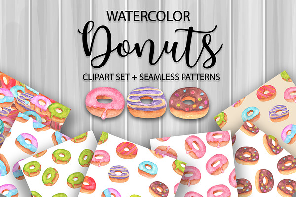 Donuts watercolor clipart patterns