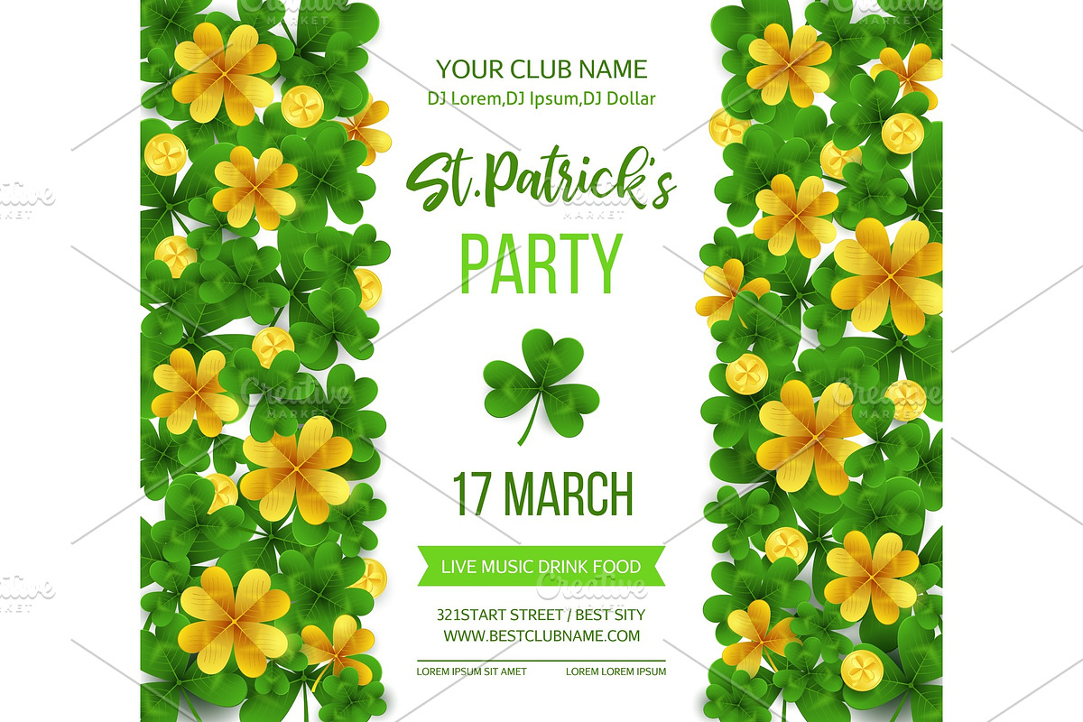 Saint Patrick s Day poster with green four and tree leaf clovers on white background. Vector illustration. Party invitation design, typographic template. Lucky and success symbols. in Objects - product preview 8