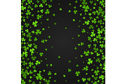 Saint Patrick s Day border with green four and tree leaf clovers on black background. Vector illustration. Party invitation design, typographic template. Lucky and success symbols.
