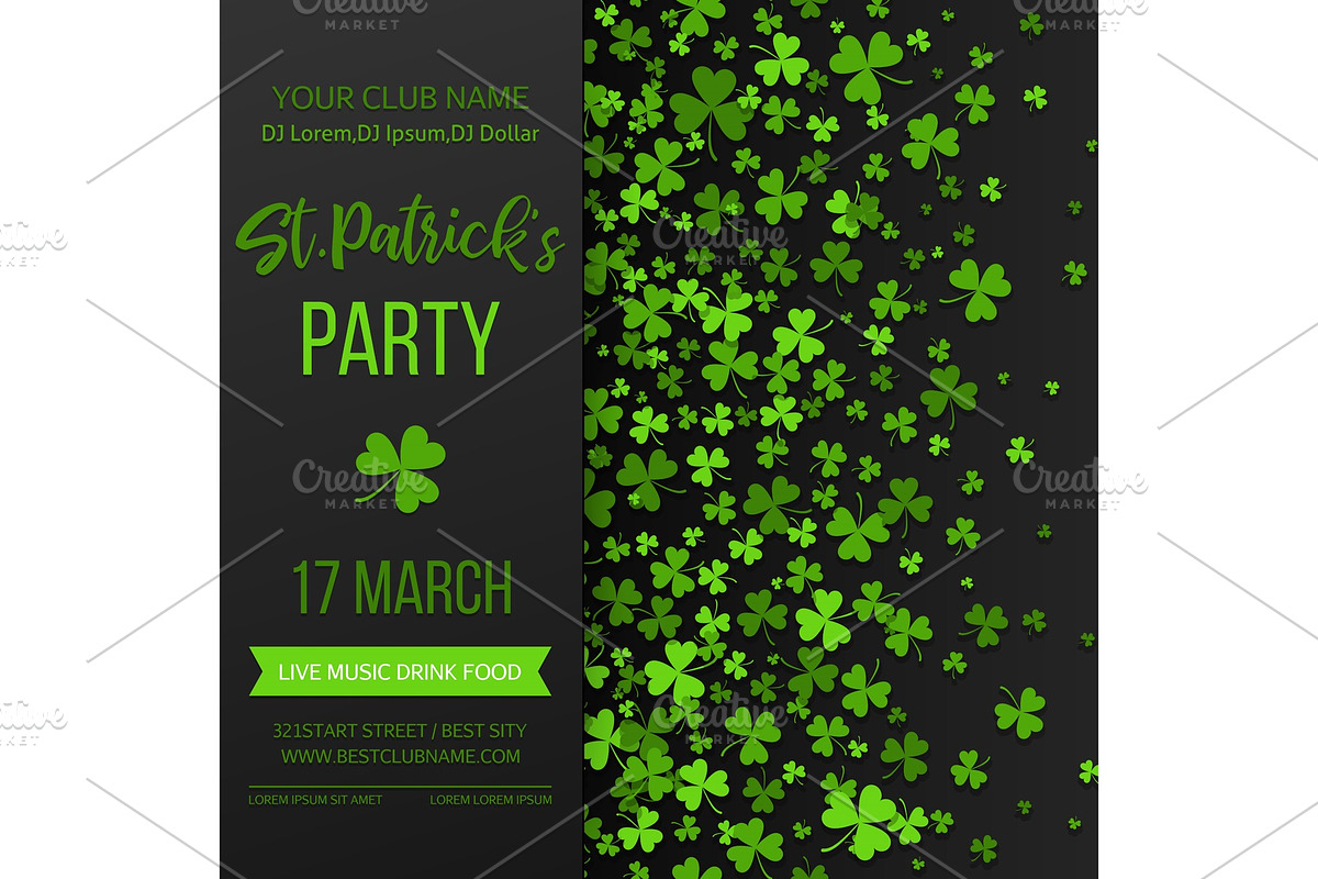 Saint Patrick s Day poster with green four and tree leaf clovers on black background. Vector illustration. Party invitation design, typographic template. Lucky and success symbols. in Objects - product preview 8
