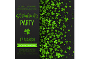 Saint Patrick s Day poster with green four and tree leaf clovers on black background. Vector illustration. Party invitation design, typographic template. Lucky and success symbols.