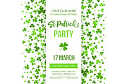 Saint Patrick s Day poster with green four and tree leaf clovers on white background. Vector illustration. Party invitation design, typographic template. Lucky and success symbols.