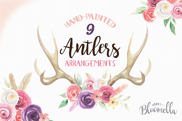 Watercolor Antlers Feather Flowers 
