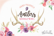 Watercolor Antlers Feather Flowers 