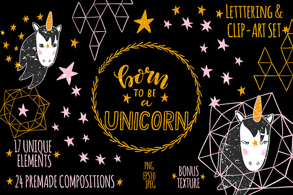 Unicorn Clip Art & Lettering Set