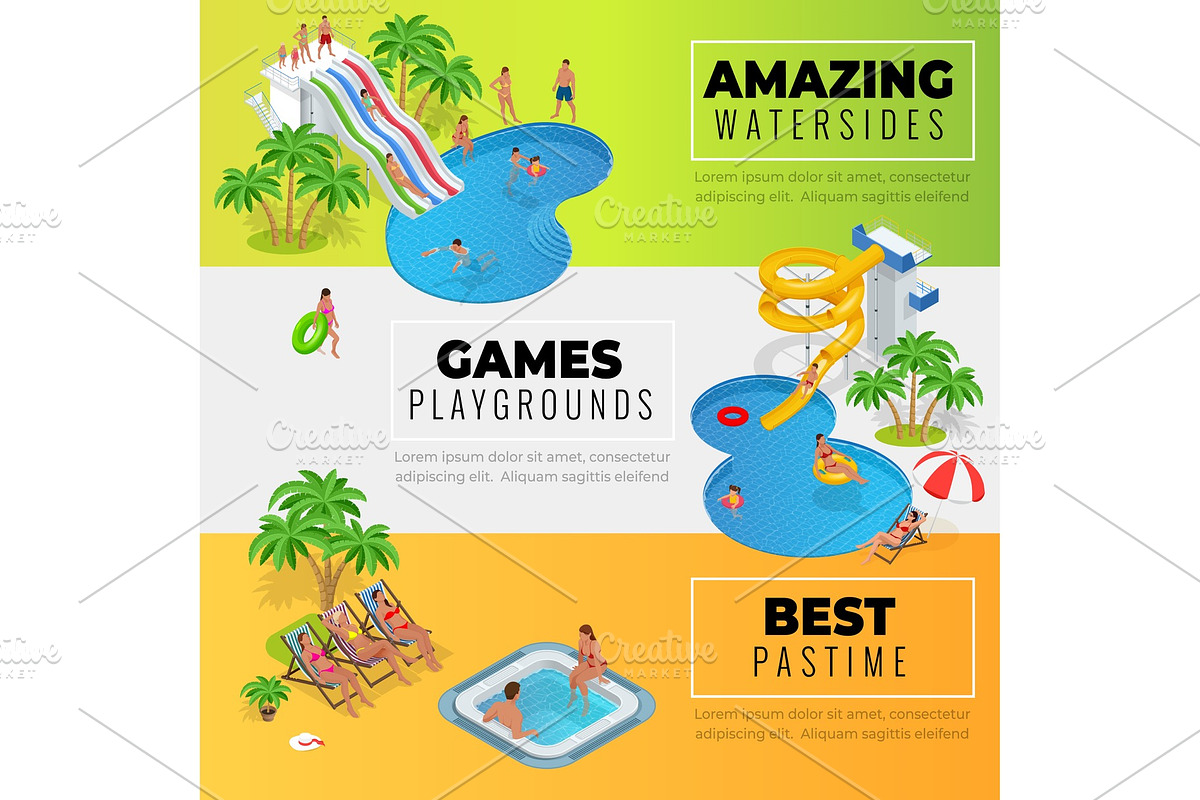 Aquapark horizontal web banners with different water slides, family water park, hills tubes and pools isometric vector illustration. design for web, site, advertising, banner, poster, board and print in Objects - product preview 8