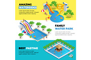 Aquapark horizontal web banners with different water slides, family water park, hills tubes and pools isometric vector illustration. design for web, site, advertising, banner, poster, board and print