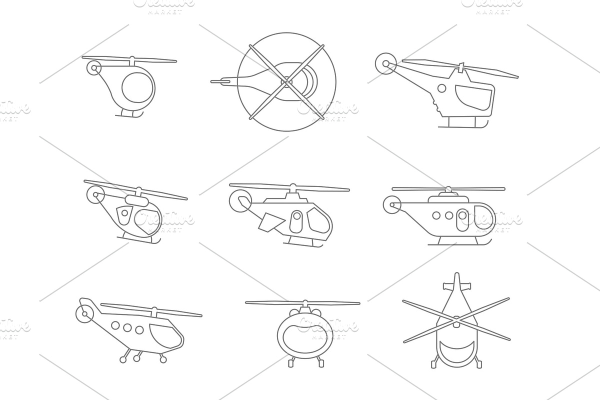 Nice Set of Line helicopters for your design transport fly collection aviation. Flat outline contour vector stock illustration. in Illustrations - product preview 8