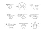Nice Set of Line helicopters for your design transport fly collection aviation. Flat outline contour vector stock illustration.