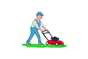 Gardener Mowing Lawn Cartoon