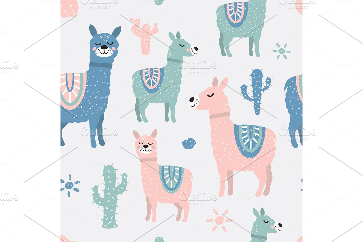 Childish seamless pattern with cute llama and cactus. Creative texture for fabric in Illustrations - product preview 8