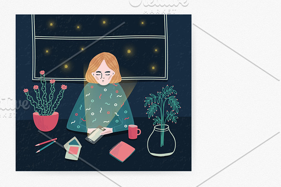 Girl with phone at night in Illustrations - product preview 1