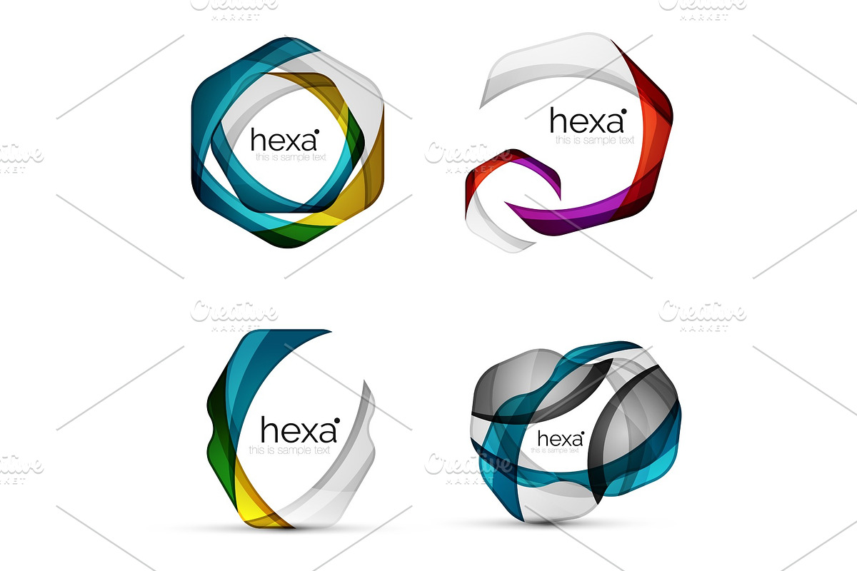 Vector swirl hexagon set, geometric business icons or web banners templates with sample slogan. Created with color overlapping transparent shapes in Illustrations - product preview 8