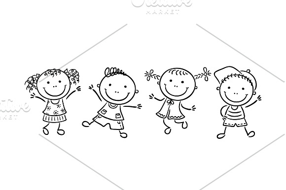 Four happy kids dancing or jumping in Illustrations - product preview 1