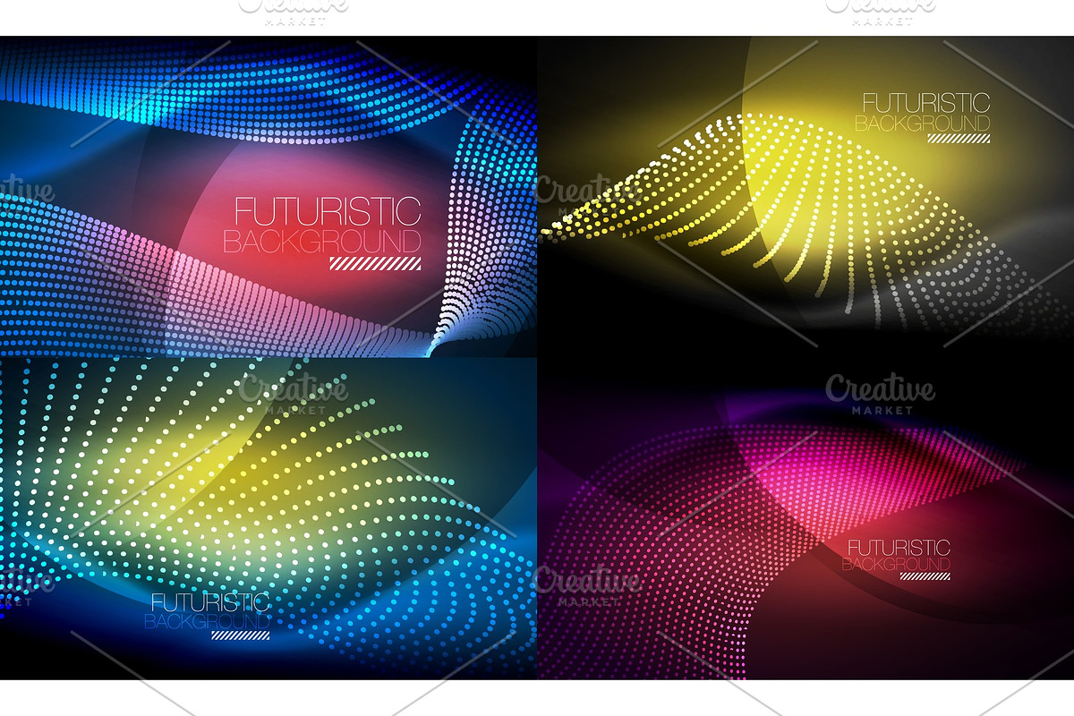 Set of neon glowing waves and lines, shiny light effect digital techno motion backgrounds. Collection of dark space magic vector illustrations in Illustrations - product preview 8