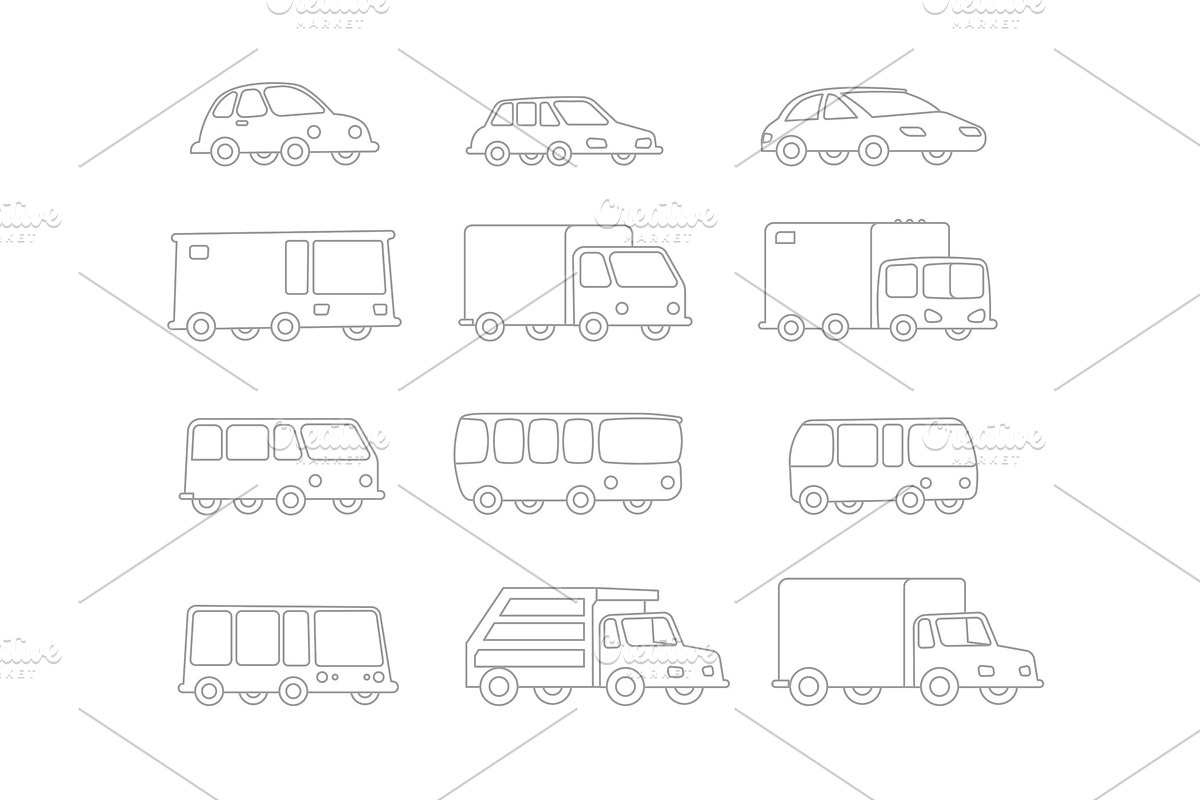Set of Line drawing different cartoon transparent cars buses trucks. Flat outline contour vector stock illustration. in Illustrations - product preview 8