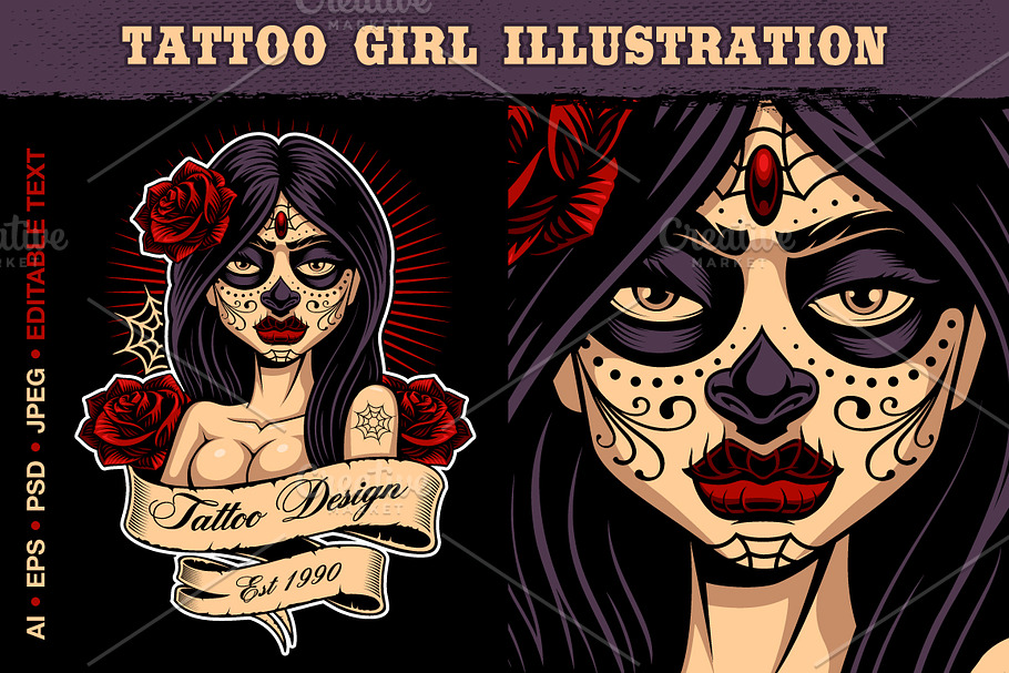 Tattoo girl vector illustration.