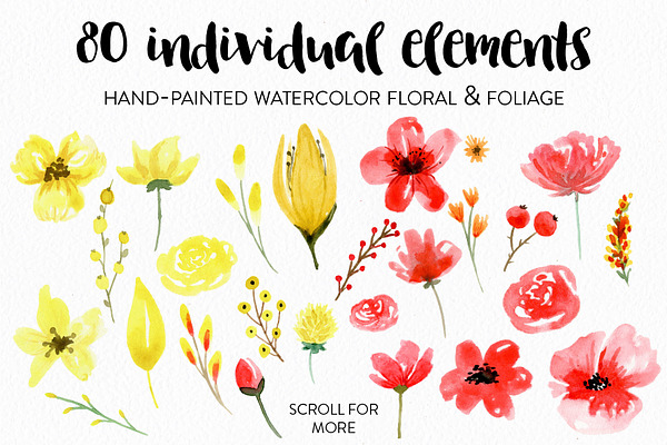 Watercolor Flower Set - Red & Yellow