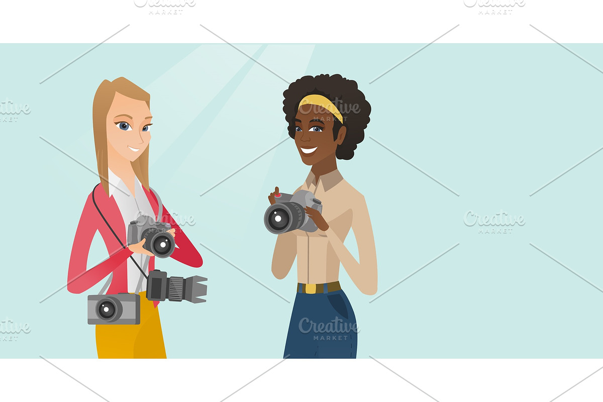 Two female multiracial photographers taking photos in Illustrations - product preview 8